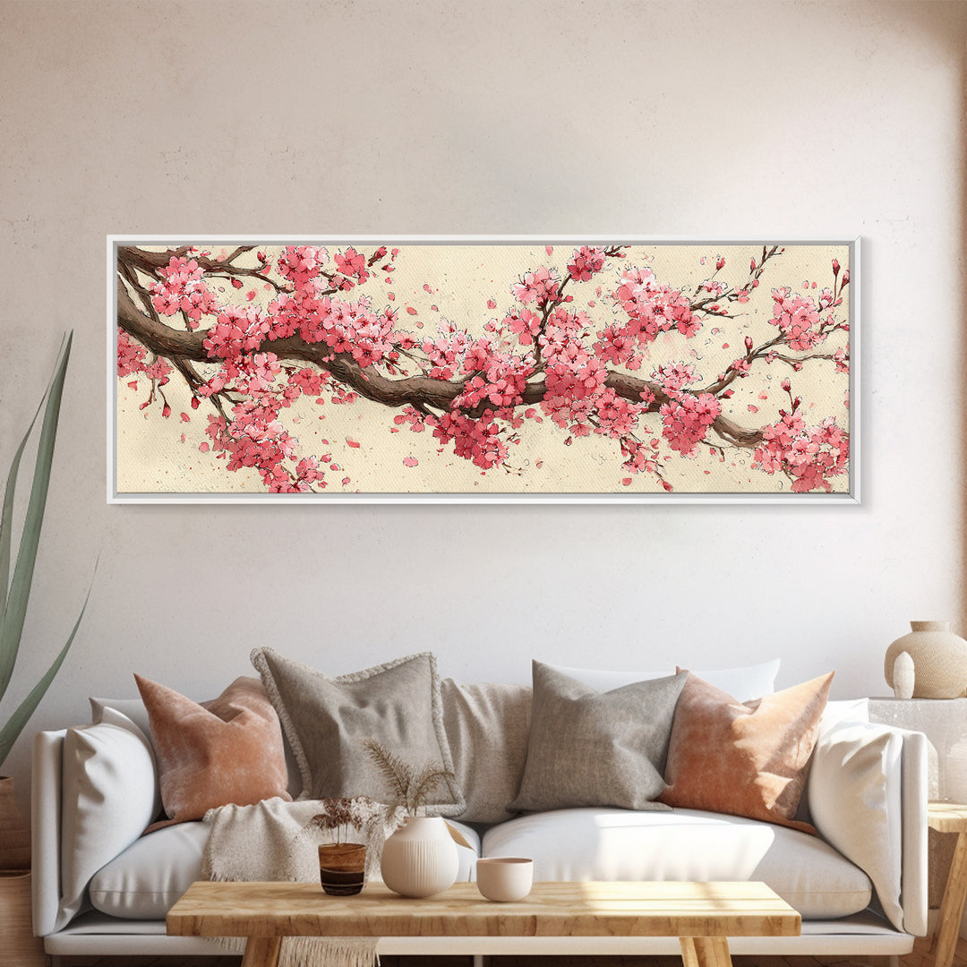Pink Cherry Blossom Branch Wall Art, Japanese Floral Canvas Print, Botanical Wall Decor, Japandi Bedroom Art Print, Above Bed Decor