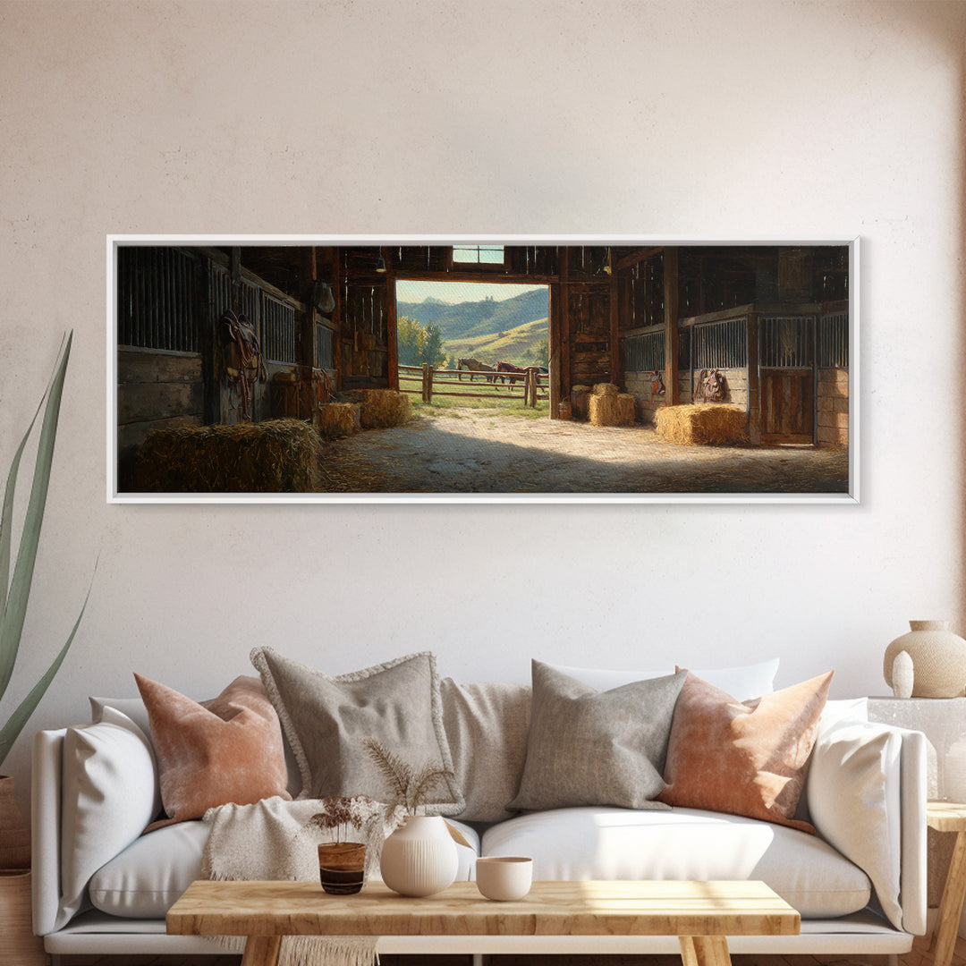 Rustic Horse Barn Interior Wall Art, Sunlit Stable Landscape Canvas Print, Equestrian Farmhouse Decor, Country Gift For Horse Lover