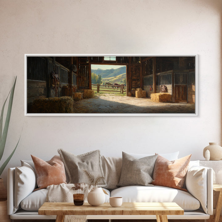 Rustic Horse Barn Interior Wall Art, Sunlit Stable Landscape Canvas Print, Equestrian Farmhouse Decor, Country Gift For Horse Lover