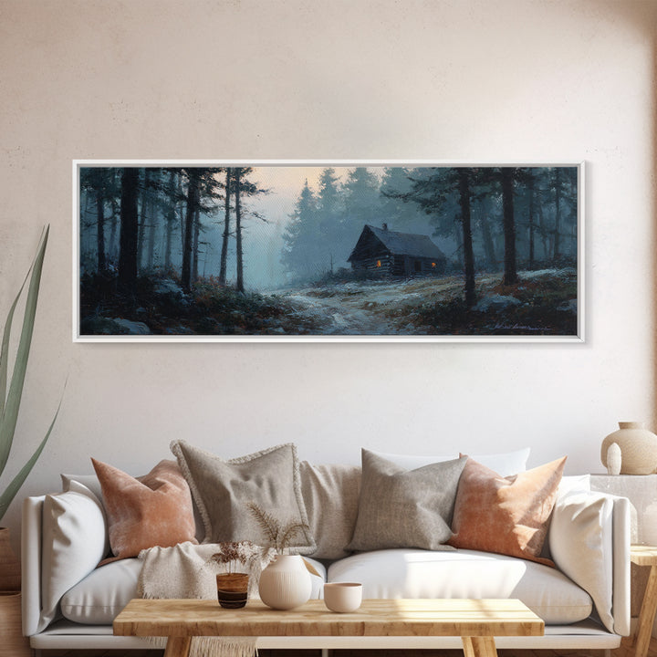 Snowy Cabin In Misty Pine Forest Wall Art, Winter Landscape Canvas Print, Rustic Cabin Decor, Cozy Nature Wall Decor, Above Bed Art