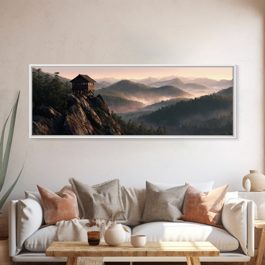 Misty Mountain Lookout Cabin Framed Canvas Print, Rustic Wall Art, Forest Landscape Decor, Cabin Housewarming Nature Gift