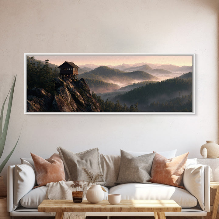 Misty Mountain Lookout Cabin Framed Canvas Print, Rustic Wall Art, Forest Landscape Decor, Cabin Housewarming Nature Gift