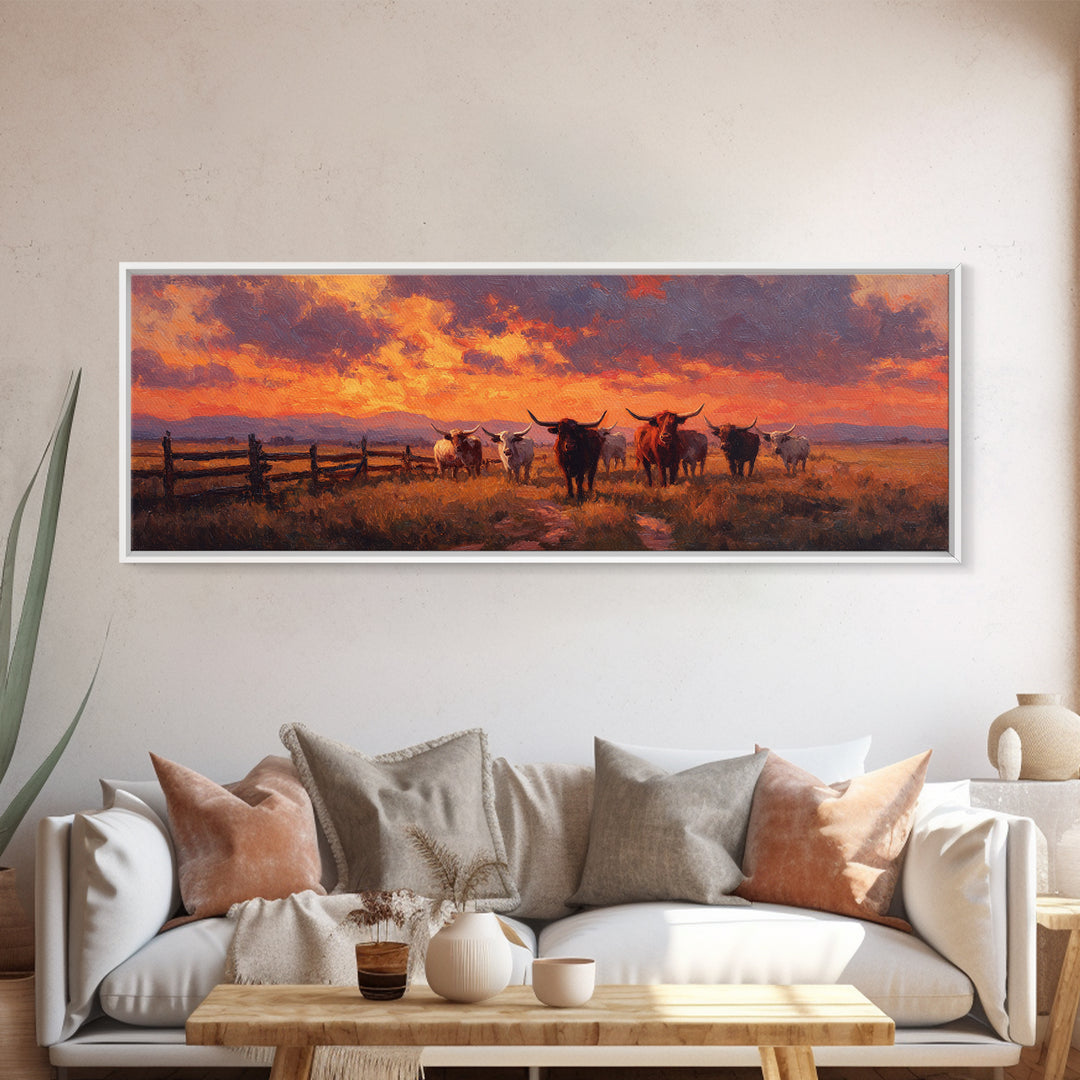 Longhorn Cattle At Fiery Sunset Wall Art, Western Ranch Landscape Canvas Print, Rustic Farmhouse Decor, Cowboy Gift For Him