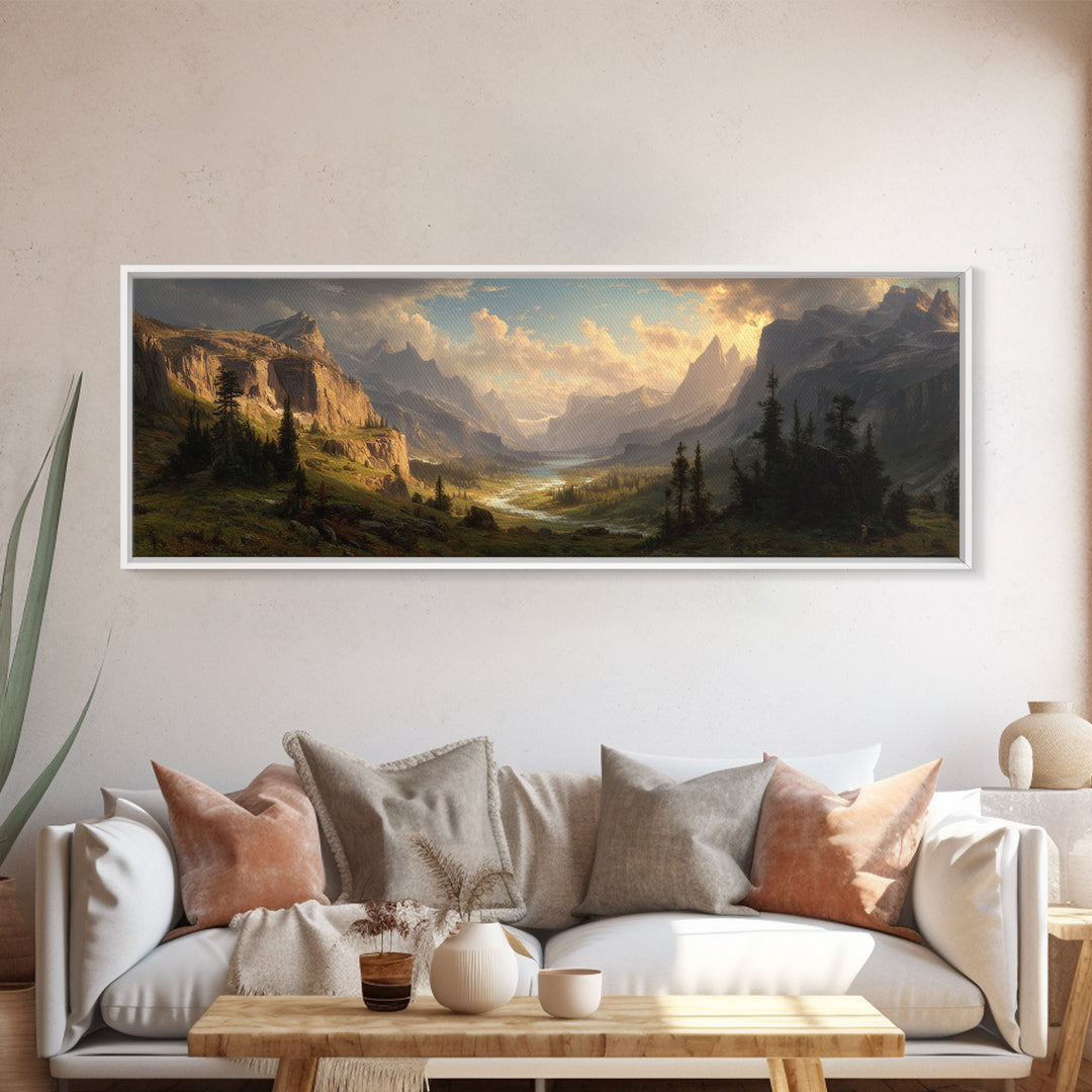 Epic Mountain Valley Sunset Framed Canvas Print, Landscape Wall Art, Rustic Home Decor, Large Nature Print, Cabin Gift Idea