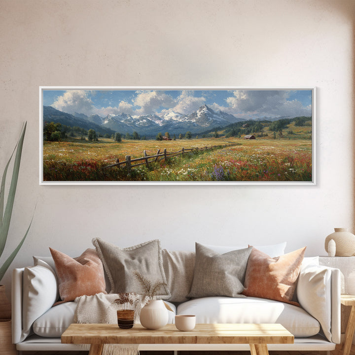 Wildflower Meadow Mountain Wall Art, Alpine Landscape Canvas Print, Rustic Farmhouse Decor, Large Living Room Art Housewarming Gift