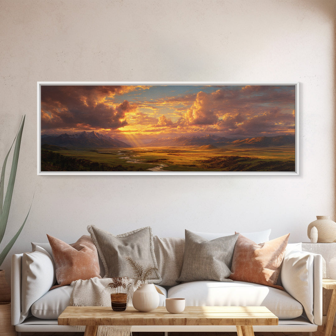 Golden Mountain Valley Sunset Wall Art, Panoramic Landscape Painting, Rustic Nature Decor For Living Room And Office Wall Decor