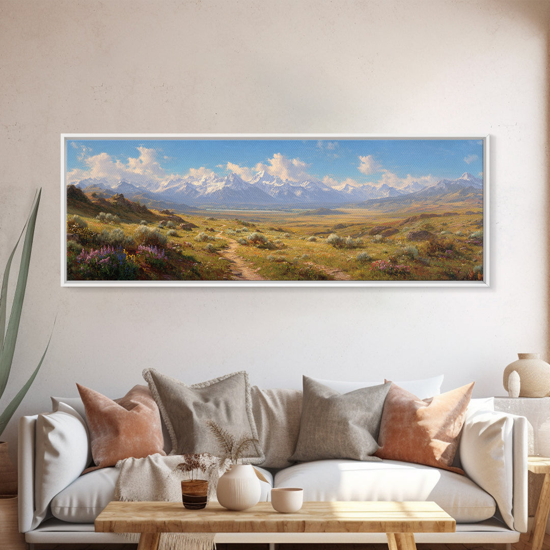 Wildflower Meadow Mountain Landscape Wall Art, Panoramic Canvas Print, Rustic Nature Decor, Large Living Room Wall Decor