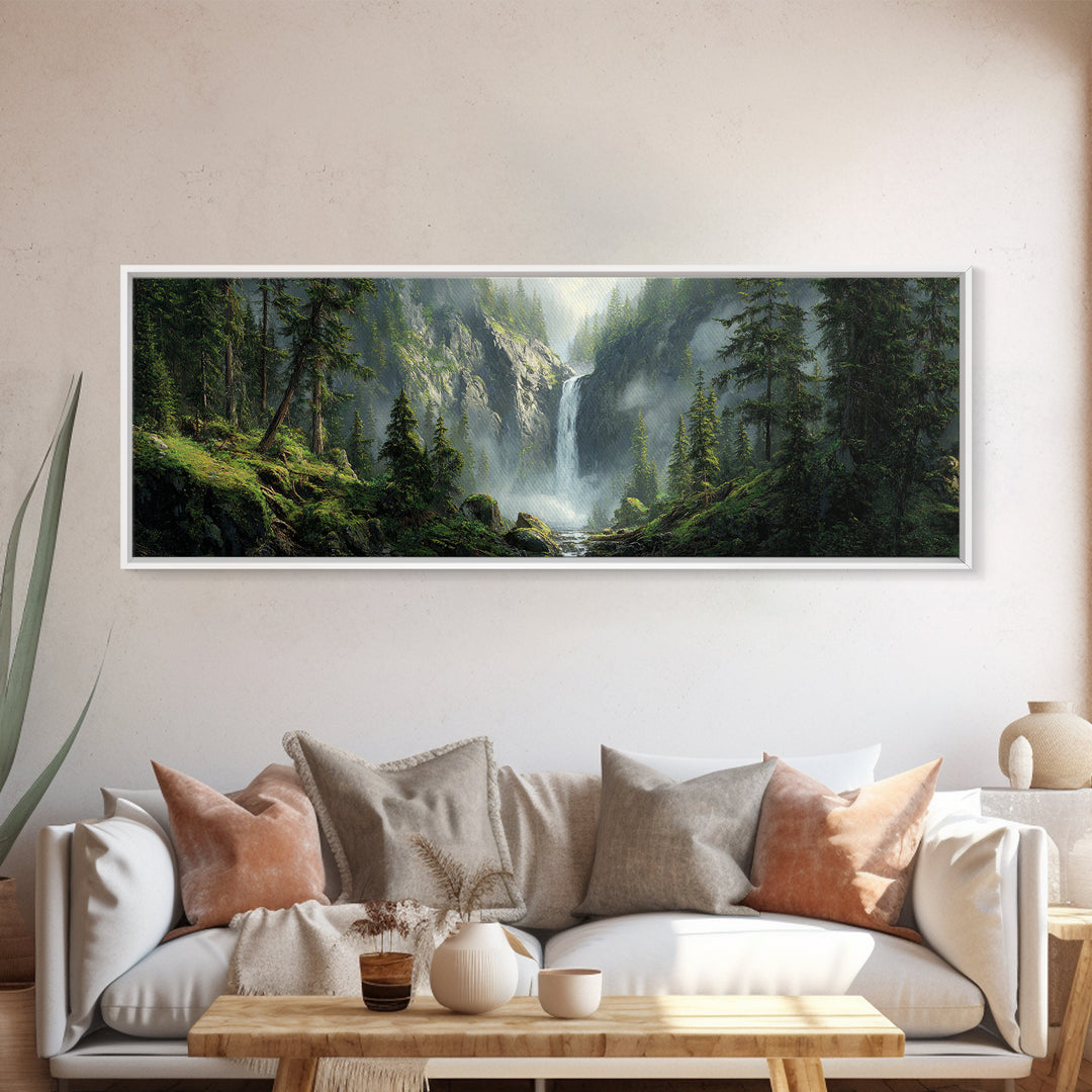 Misty Waterfall Forest Framed Canvas Print, Mountain Landscape Wall Art, Nature Wall Decor, Cabin Decor, Large Horizontal Art
