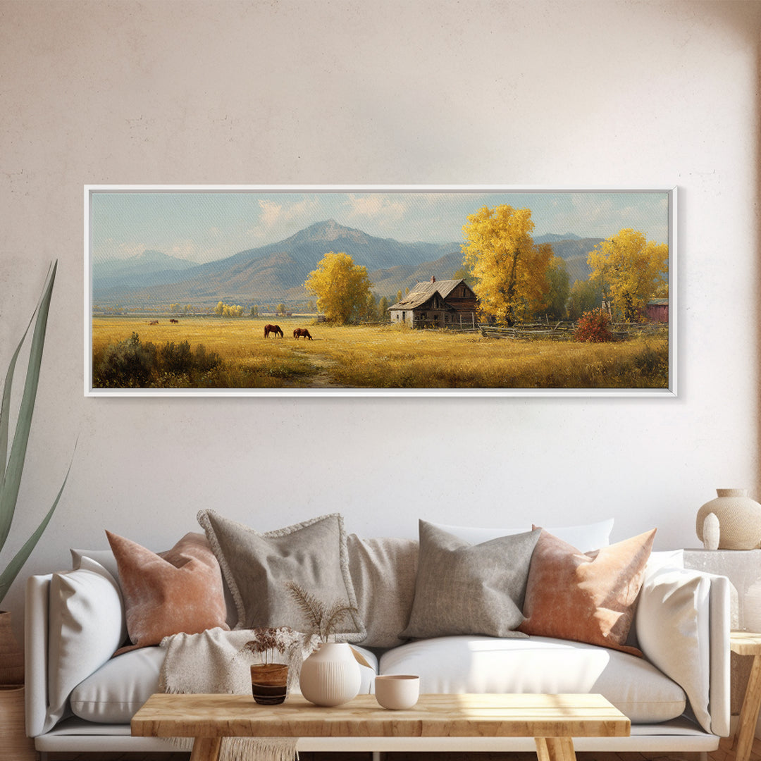 Autumn Mountain Cabin And Horses Wall Art, Rustic Farmhouse Landscape Painting, Country Home Decor, Large Canvas Print Gift
