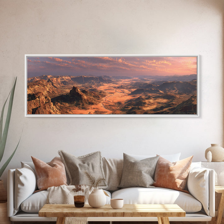 Golden Desert Valley Wall Art, Panoramic Mountain Landscape Canvas Print, Southwestern Home Decor, Large Above Sofa Art Print