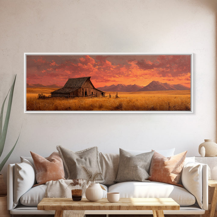Rustic Barn At Sunset Framed Canvas Print, Western Landscape Living Room Wall Art, Farmhouse Decor, Country Home Housewarming Gift