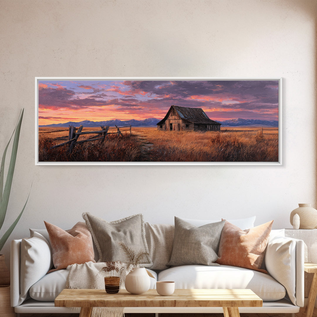 Rustic Barn Sunset Framed Canvas Print, Western Landscape Wall Art, Farmhouse Decor, Mountain Ranch Housewarming Gift For Him