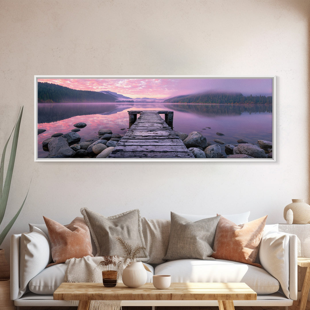 Misty Lake Dock At Pink Sunrise, Calming Wall Art, Lake House Canvas Print, Nature Landscape Decor, Above Bed Art, Bedroom Decor