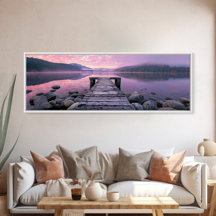 Misty Lake Dock At Pink Sunrise, Calming Wall Art, Lake House Canvas Print, Nature Landscape Decor, Above Bed Art, Bedroom Decor