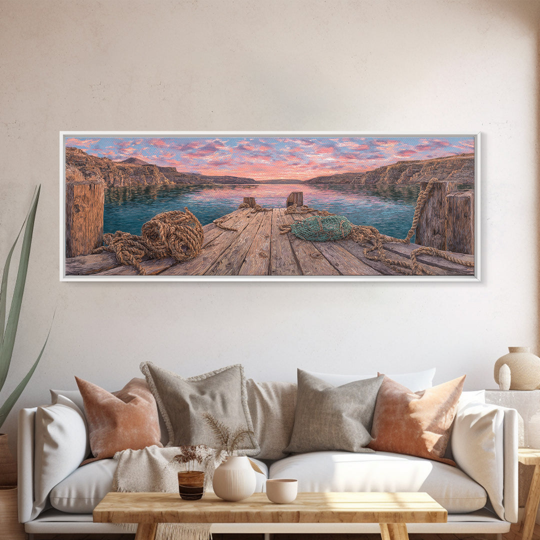 Rustic Lake Dock At Sunset Framed Canvas Print, Coastal Landscape Wall Art For Cabin Decor, Lake House, Living Room Decor