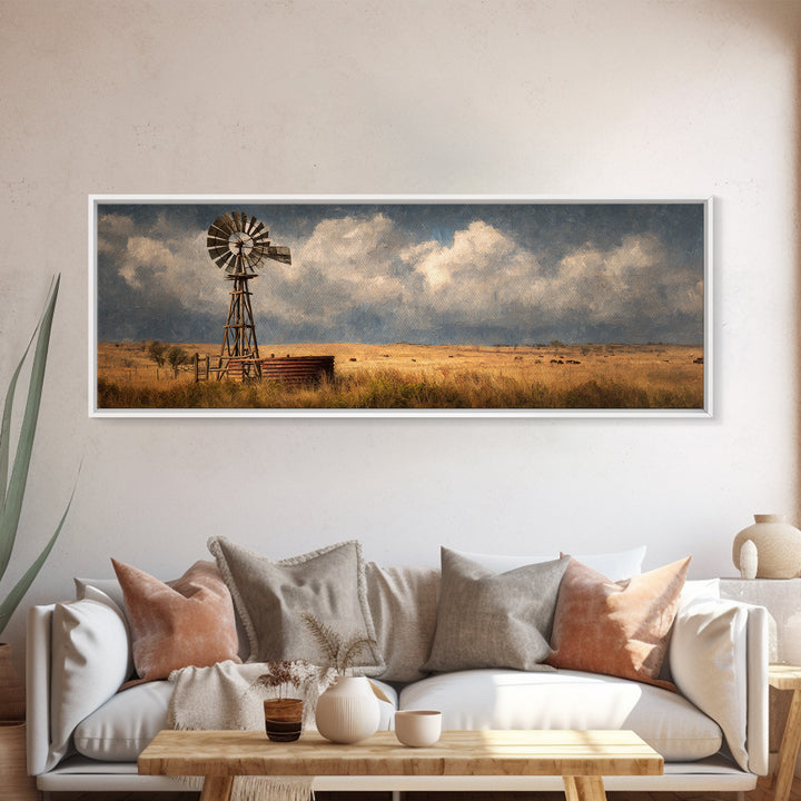 Stormy Prairie Windmill Wall Art, Rustic Western Canvas Print, Farmhouse Landscape Decor, Large Country Art For Living Room