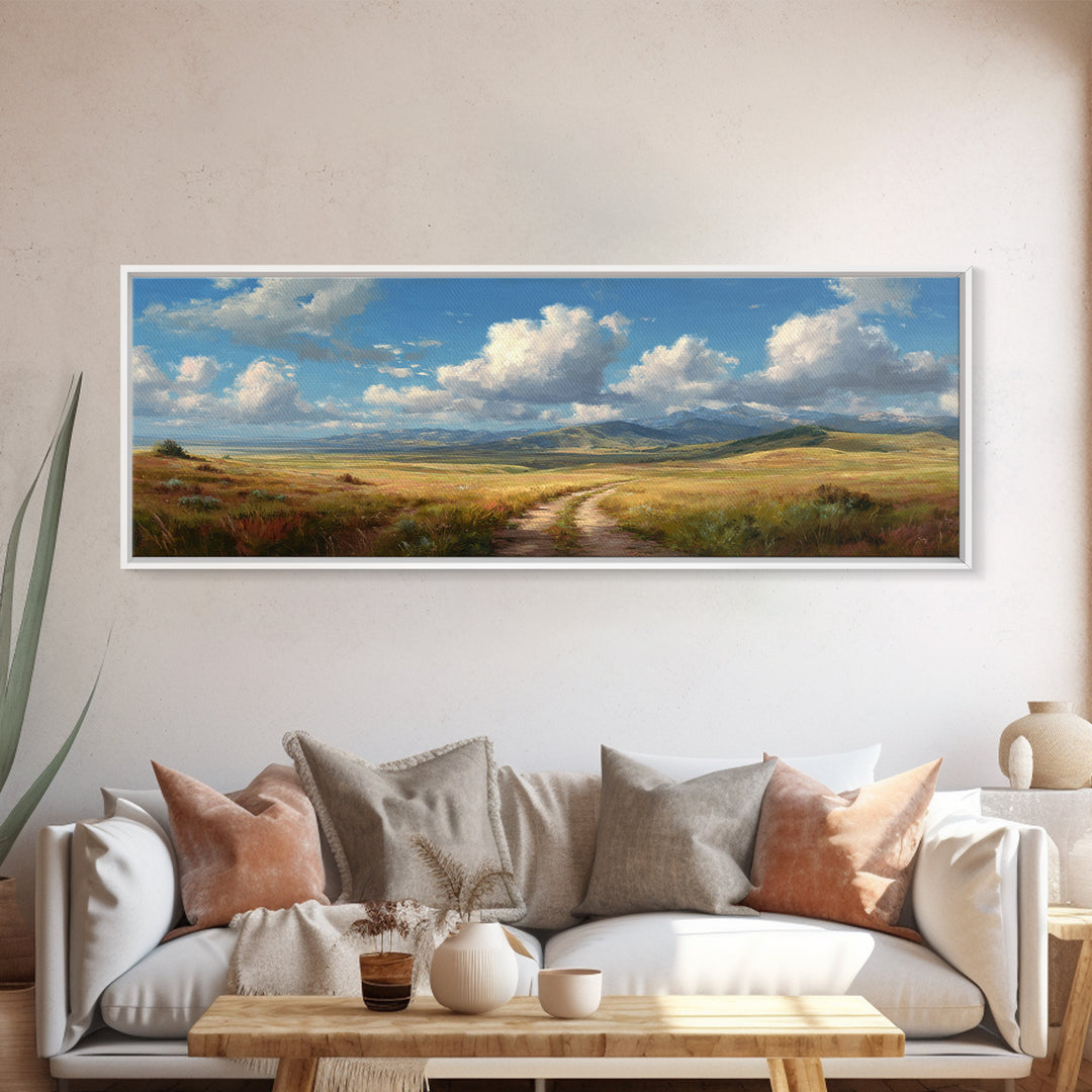 Open Prairie Path And Clouds Framed Canvas Print, Country Landscape Wall Art, Rustic Farmhouse Decor, Nature Oil Painting Print
