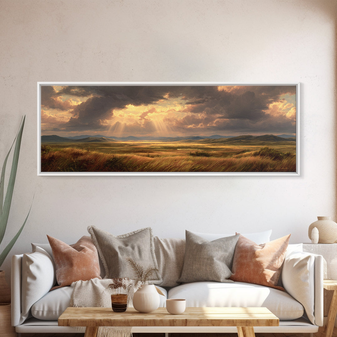 Golden Sun Rays Over Prairie Wall Art, Dramatic Sky Landscape Canvas Print, Nature Wall Decor, Rustic Living Room Art Gift