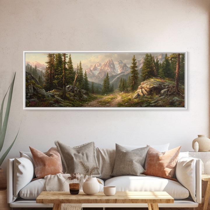 Alpine Forest Trail Mountain Landscape Wall Art, Panoramic Canvas Print For Cabin Living Room Decor And Nature Lovers Gift