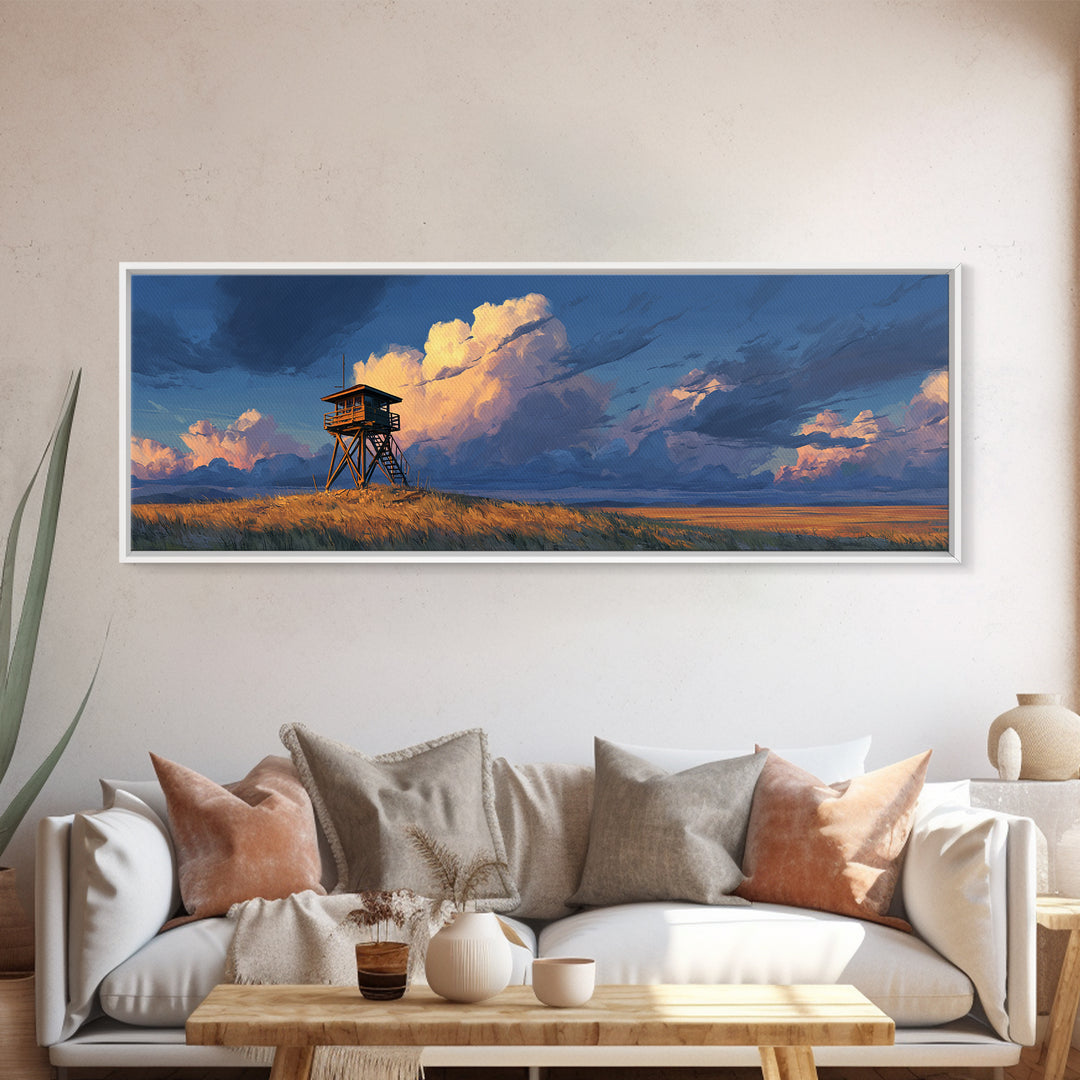 Prairie Watchtower Under Golden Clouds Wall Art, Western Landscape Canvas Print, Rustic Nature Decor, Large Horizontal Art