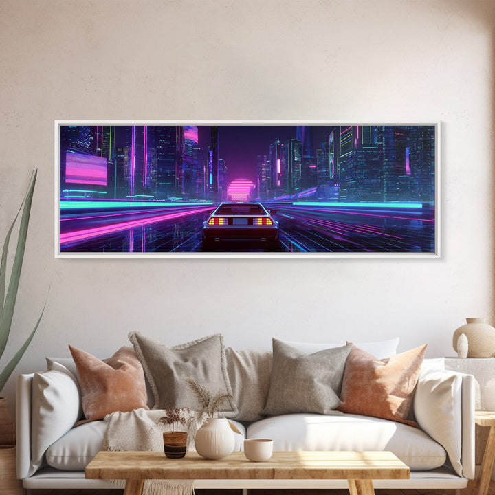 Neon Car Racing Through Cyberpunk City Canvas Print, Futuristic Wall Art, Synthwave Decor, Sci Fi Gaming Room Poster Art