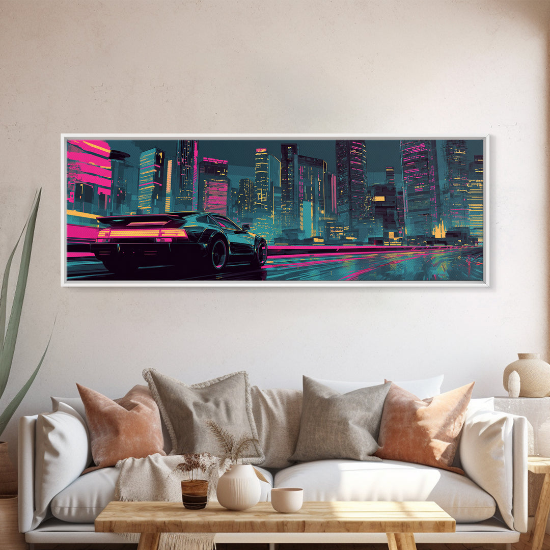 Cyberpunk Sports Car Canvas Print, Neon City Wall Art, Futuristic Gaming Room Decor, Large Synthwave Modern Wall Art Print