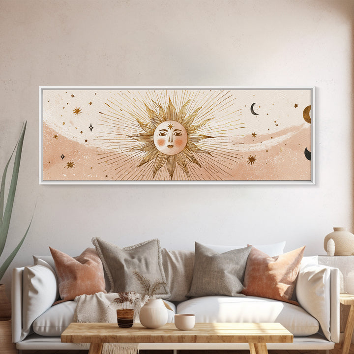 Boho Sun And Moon Wall Art, Celestial Canvas Print, Mystical Astrology Decor, Neutral Nursery And Bedroom Wall Decor, Above Bed Art