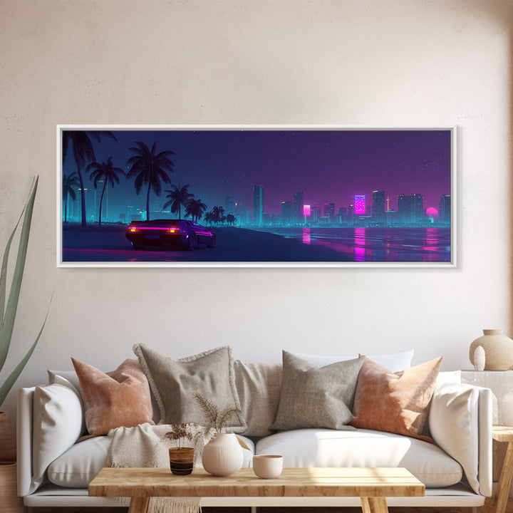 Neon Cyberpunk City Beach Wall Art, Retro Futuristic Canvas Print, Vaporwave Decor For Gaming Room And Modern Office Decor