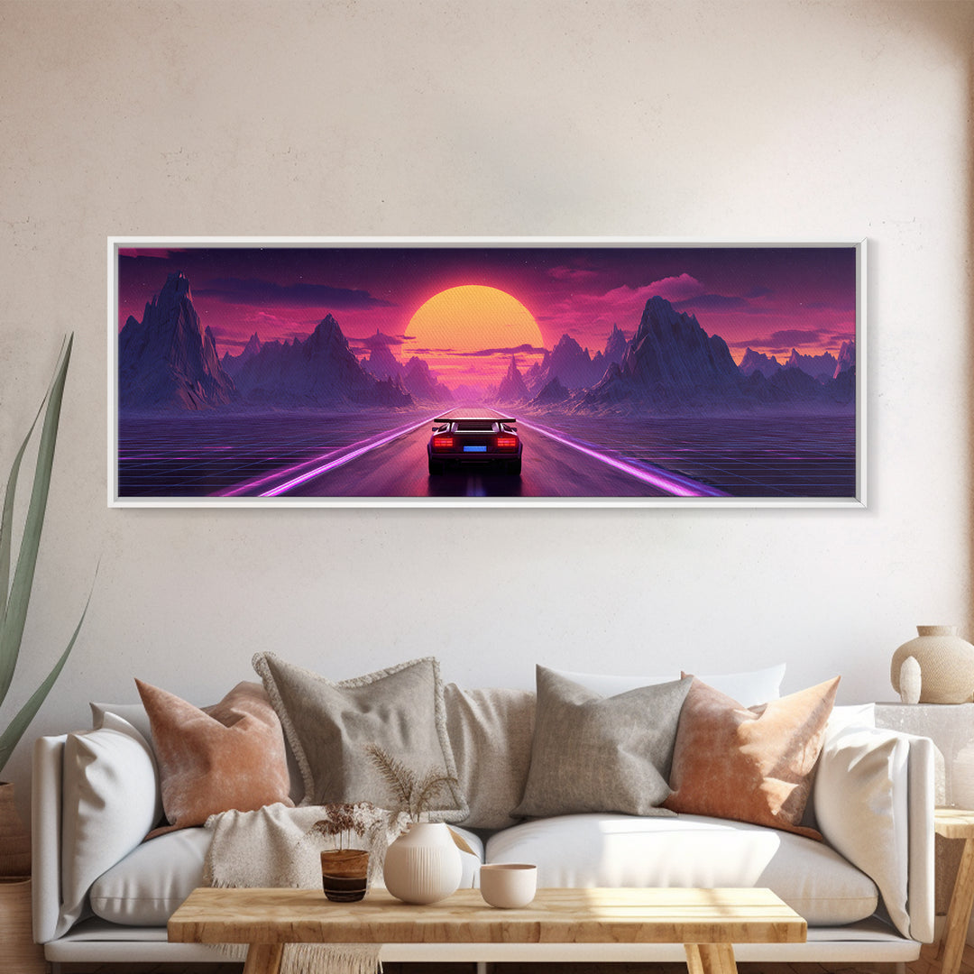 Retro Futuristic Car Road Canvas Print, Cyberpunk Mountain Wall Art, Neon Synthwave Gaming Room Decor, Sci Fi Poster, Gift For Him