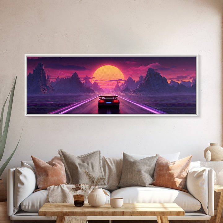 Retro Futuristic Car Road Canvas Print, Cyberpunk Mountain Wall Art, Neon Synthwave Gaming Room Decor, Sci Fi Poster, Gift For Him