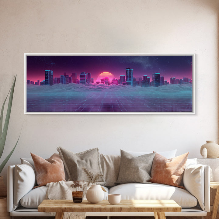 Vaporwave Skyline Over Clouds Canvas Print, Retro Futuristic City Wall Art, Neon Synthwave Decor, Gaming Room Poster, Gift