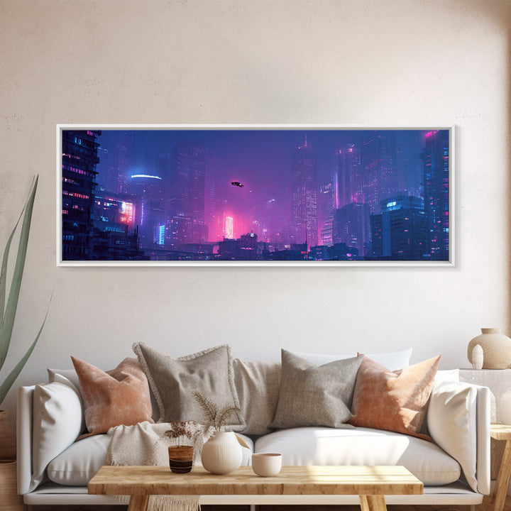 Cyberpunk Neon City Skyline Wall Art, Futuristic Framed Canvas Print, Sci Fi Urban Decor, Gaming Room Wall Decor, Large Print