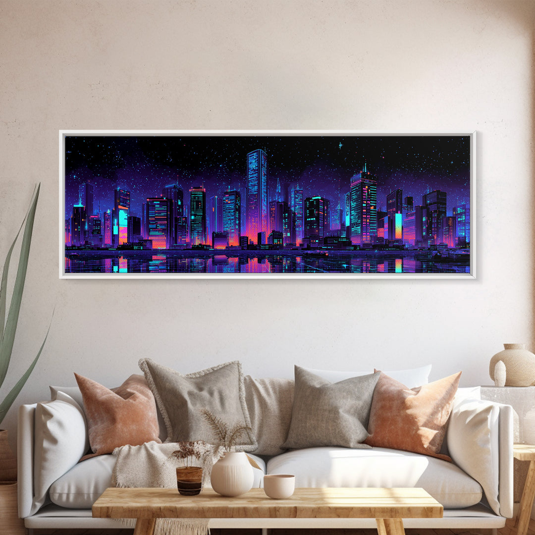 Neon Cyberpunk City Skyline Wall Art, Futuristic Urban Canvas Print, Vaporwave Gaming Room Decor, Sci Fi Office Poster Art