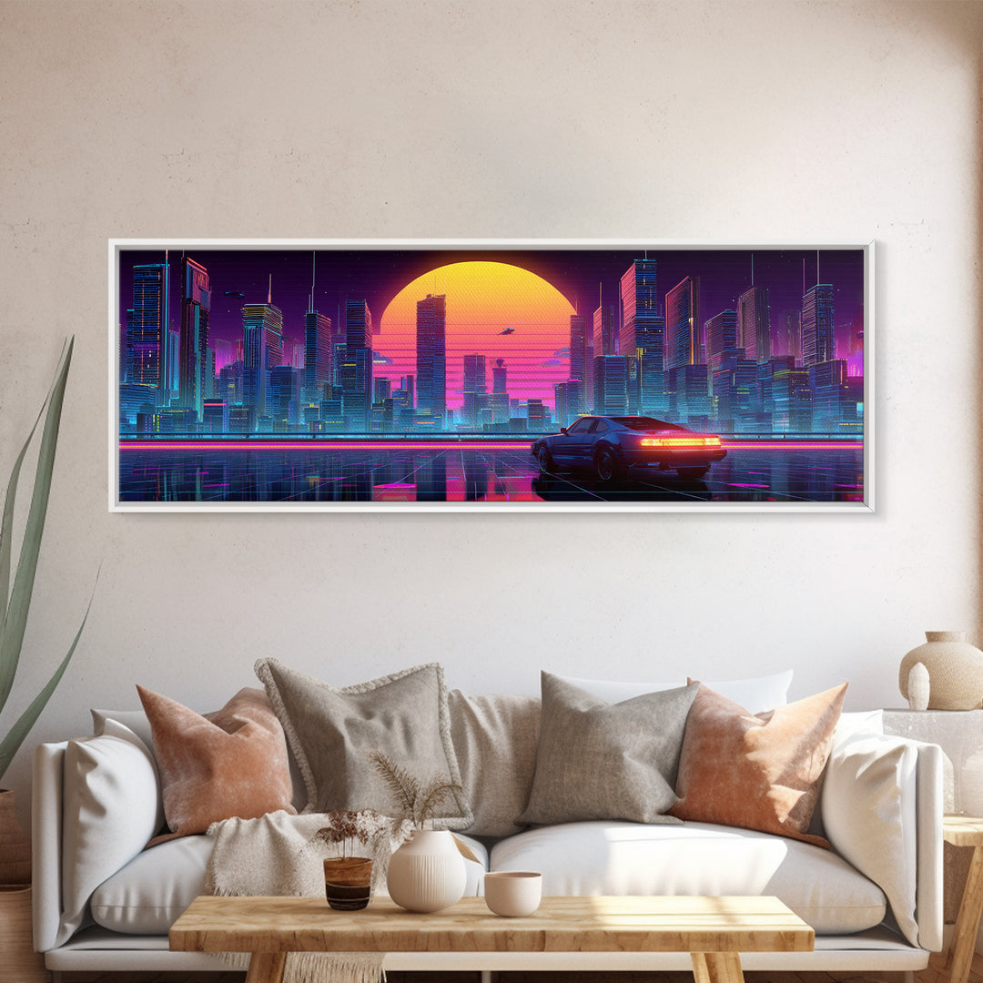 Neon Cyberpunk City Car Canvas Print, Futuristic Wall Art, Sci Fi Poster, Gaming Room Decor, Vaporwave Modern Home Decor