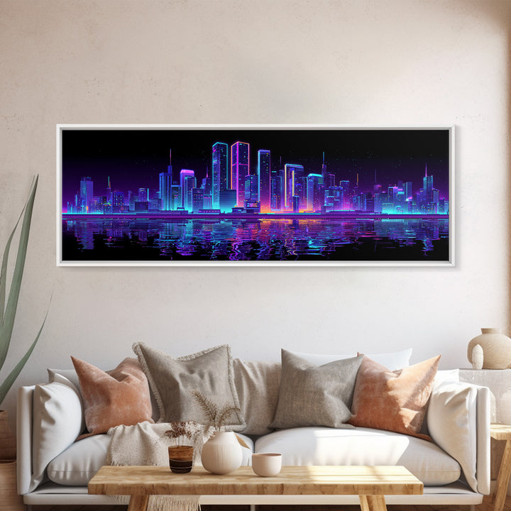 Neon Cyberpunk City Skyline Wall Art, Futuristic Synthwave Canvas Print, Urban Night Office Decor, Gamer Room Home Decor Poster