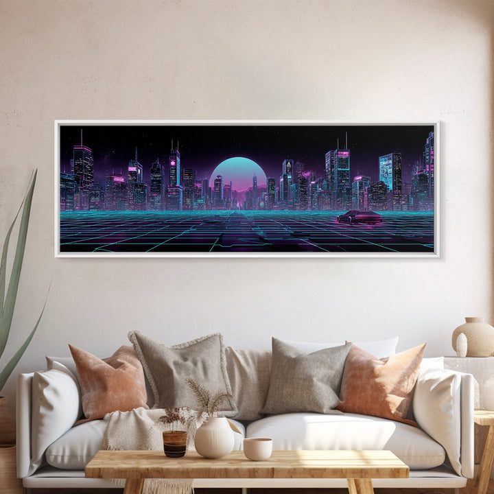 Futuristic Neon Skyline And Grid Highway, Cyberpunk Wall Art, Synthwave Canvas Print, Gaming Room Decor, Office Wall Decor