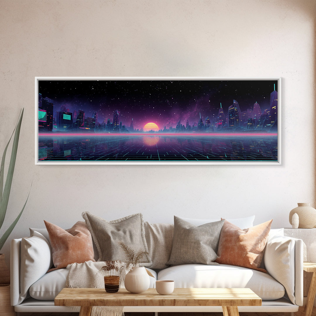 Futuristic Neon City Skyline Wall Art, Cyberpunk Grid Landscape, Sci Fi Poster, Vaporwave Decor, Gaming Room Canvas Print
