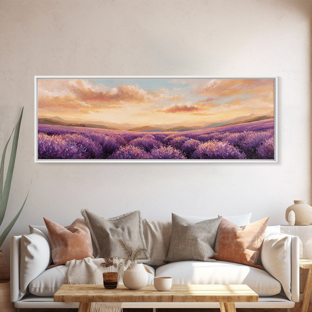Sunset Lavender Field Landscape Wall Art, Panoramic Canvas Print, French Country Decor, Large Above Sofa Wall Decor, Provence Print