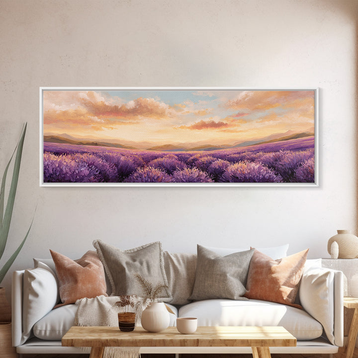 Sunset Lavender Field Landscape Wall Art, Panoramic Canvas Print, French Country Decor, Large Above Sofa Wall Decor, Provence Print