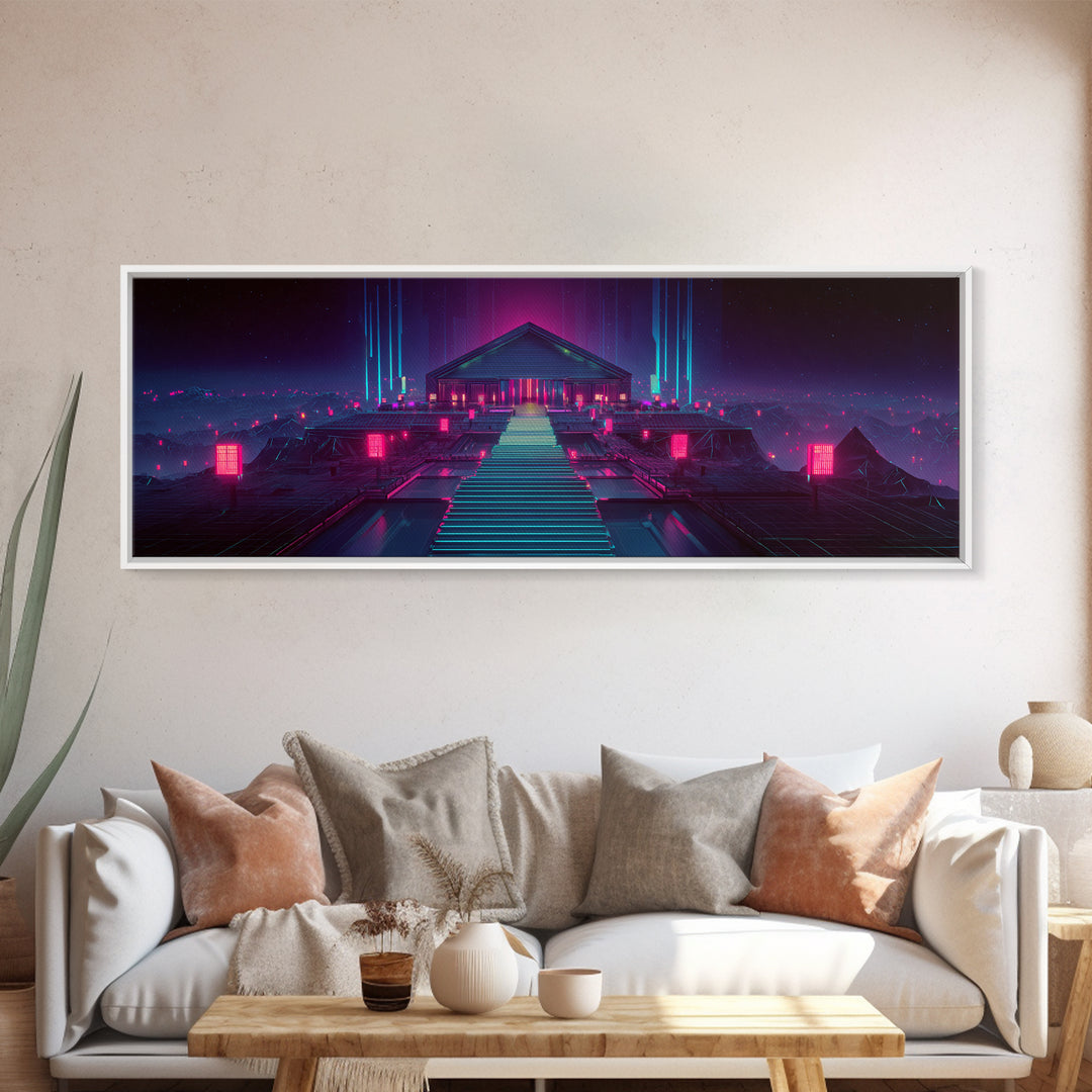 Neon Cyberpunk Temple Stairway Canvas Print, Futuristic Wall Art, Sci Fi Gaming Room Decor, Modern Statement Artwork For Office