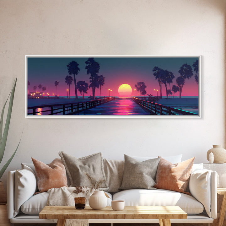 Sunset Pier With Palm Trees Canvas Print, Tropical Beach Wall Art, Coastal Vaporwave Decor For Bedroom And Living Room Wall Decor