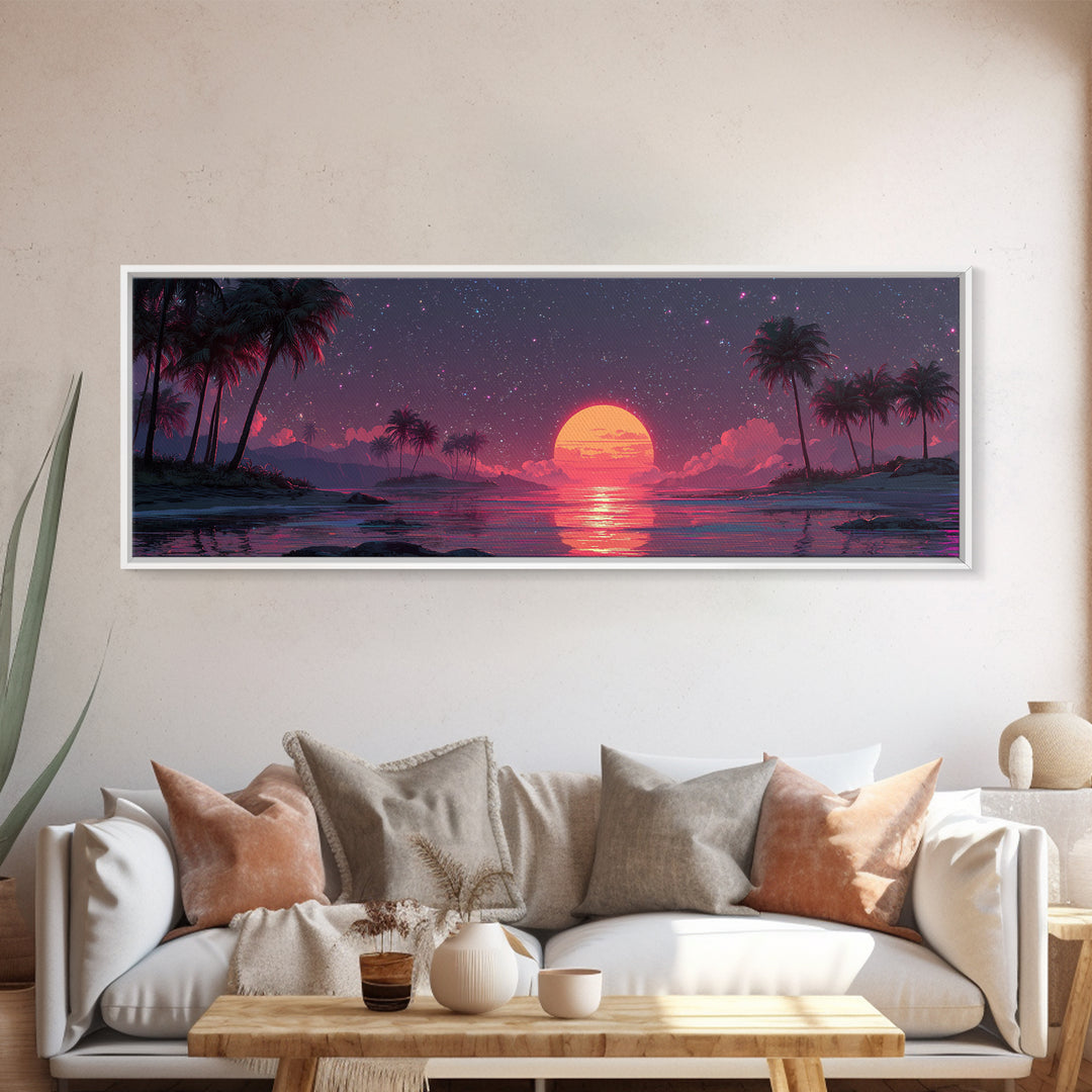 Starry Tropical Lagoon With Giant Pink Moon Wall Art, Celestial Coastal Beach Decor, Palm Island, Night Sky Canvas Print