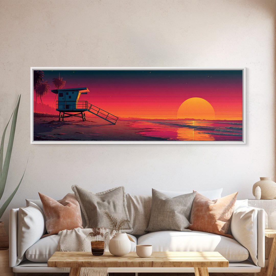 Retro Lifeguard Tower Sunset Canvas Print, Beach Wall Art, Coastal Decor, Vaporwave Poster, Summer Ocean Home Decor, Beach House Gift