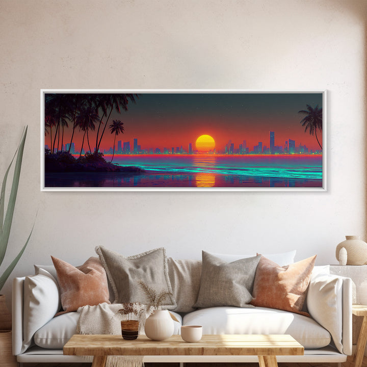 Retro Neon Coastal City Skyline Wall Art, Palm Beach Sunset, Synthwave Ocean Decor, Modern Living Room Canvas Print, Large Horizontal Art