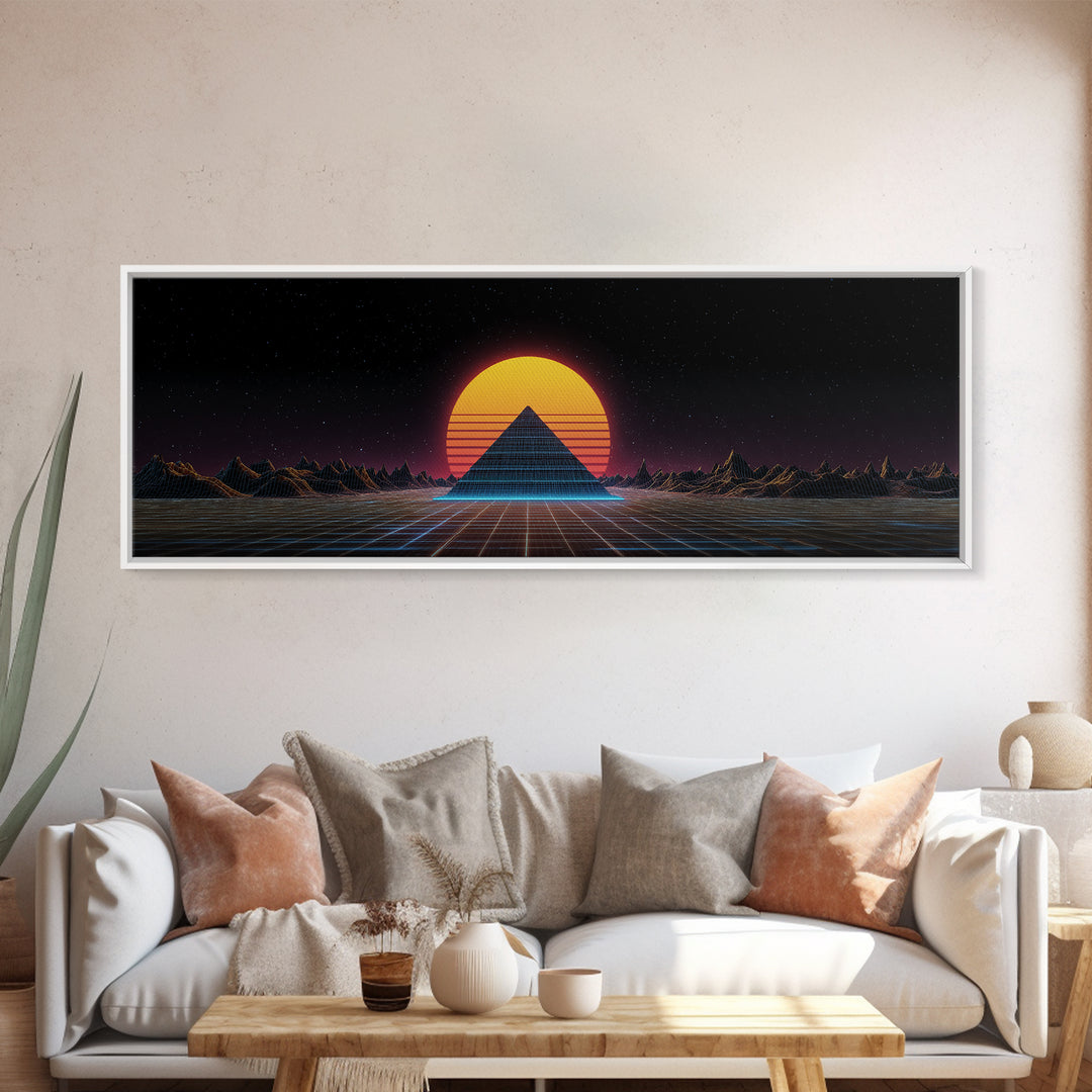 Retro Pyramid Sunset Canvas Print, Synthwave Desert Wall Art, Futuristic Vaporwave Decor, Gaming Room Statement Artwork Poster