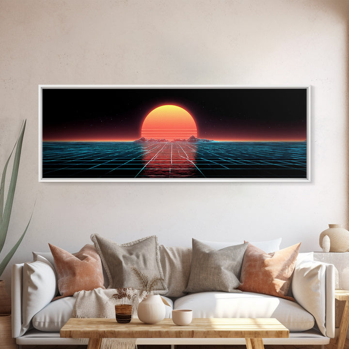 Retro Futuristic Ocean Grid Sunset Wall Art, Synthwave Neon Landscape, Vaporwave Decor, Large Horizontal Art Print, Home Decor