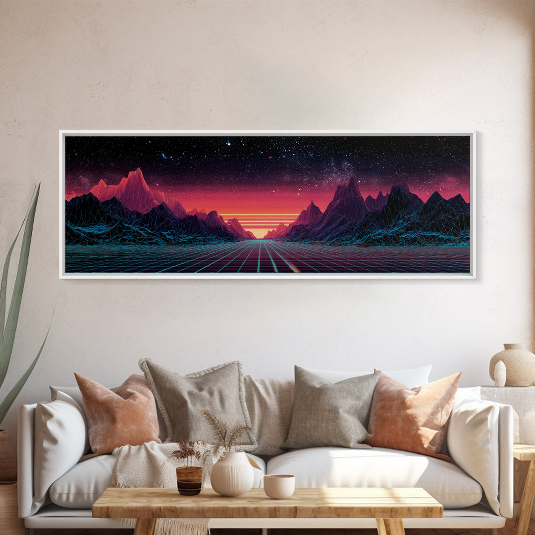 Synthwave Mountain Road Under Starry Sky, Retro Futuristic Wall Art, Landscape Canvas Print, Man Cave Decor, Large Wall Art