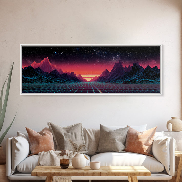 Synthwave Mountain Road Under Starry Sky, Retro Futuristic Wall Art, Landscape Canvas Print, Man Cave Decor, Large Wall Art