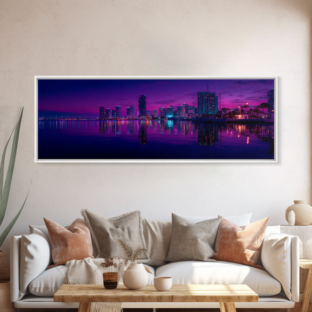 Neon Waterfront City Skyline Wall Art, Miami Night Canvas Print, Urban Photography Decor, Modern Office Living Room Poster