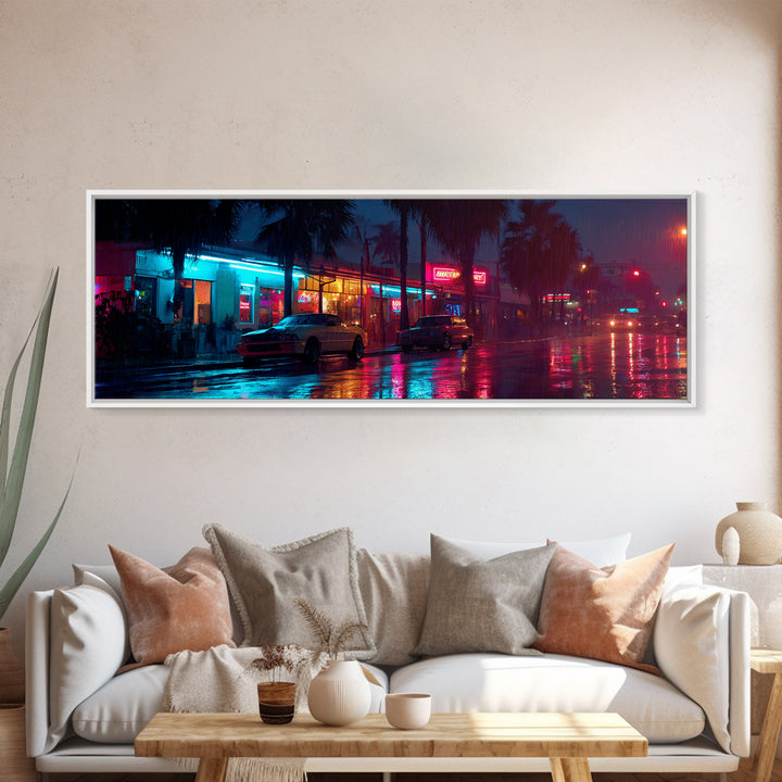 Rainy Neon City Street Wall Art, Cyberpunk Urban Night Canvas Print, Retro Motel Lights, Modern Office Decor, Moody Wall Decor
